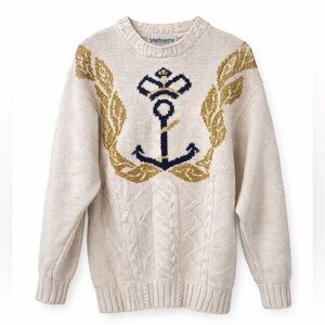 Melbourne HAND KNIT Medium Cozy Cream and Gold Nautical Crew Neck Sweater